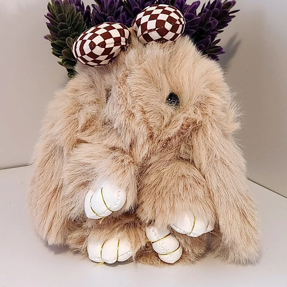 Tan Faux Fur Bunny Rabbit Bag Charm Gold Ring Checkered Bow Keychain 5 Inch